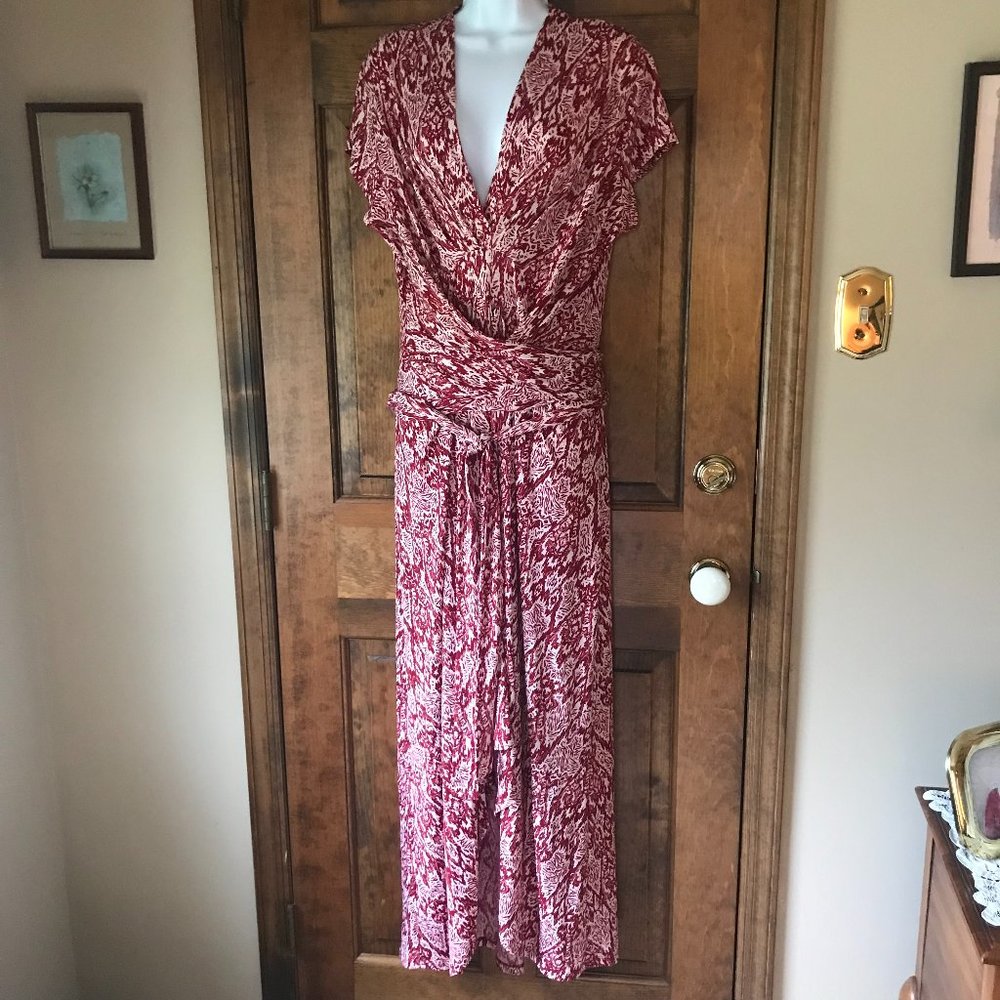 IMAN Ivory w/Red & Gold Abstract Print High/Low Dress w/Self Wrap Waist Size 1X